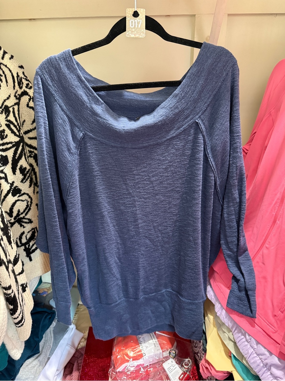 017 Free People Dusty Blue Off-the-Shoulder Lightweight Sweater